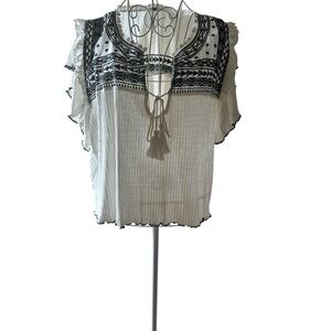 Free People Black and White Embroidered Blouse